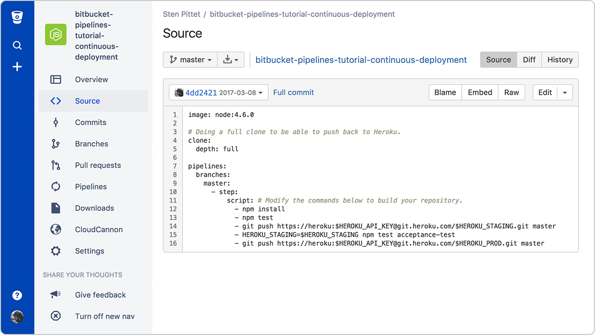 Конвейер непрерывного развертывания с помощью Bitbucket