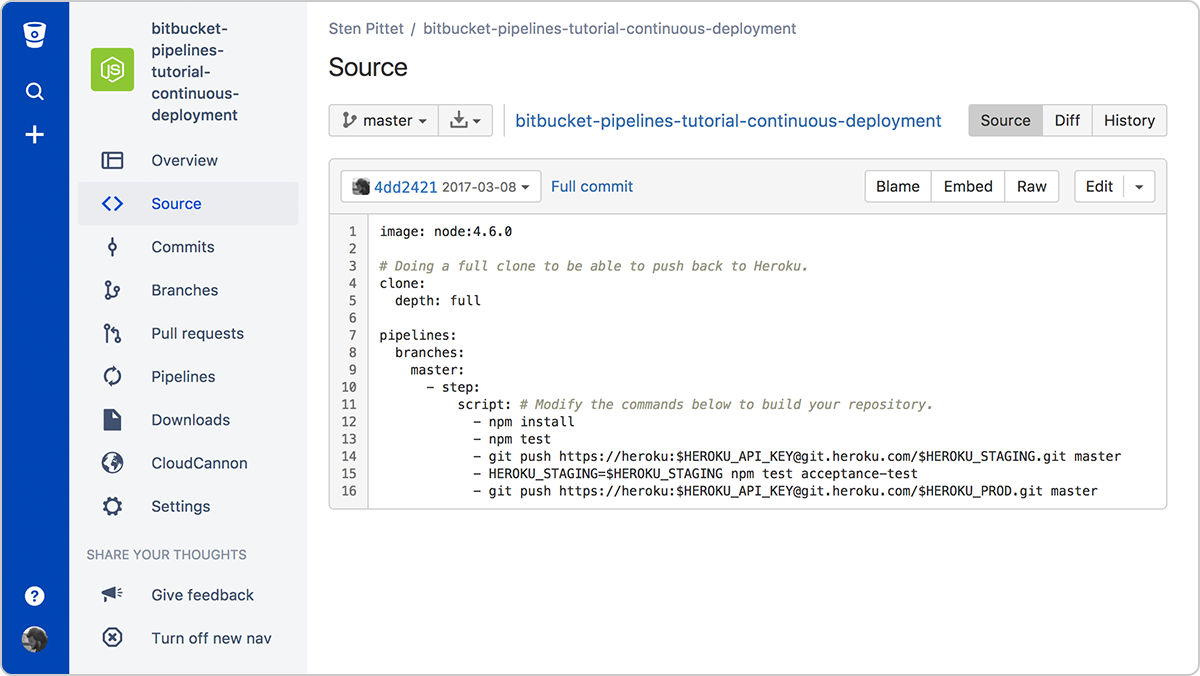 A continuous deployment pipeline with Bitbucket