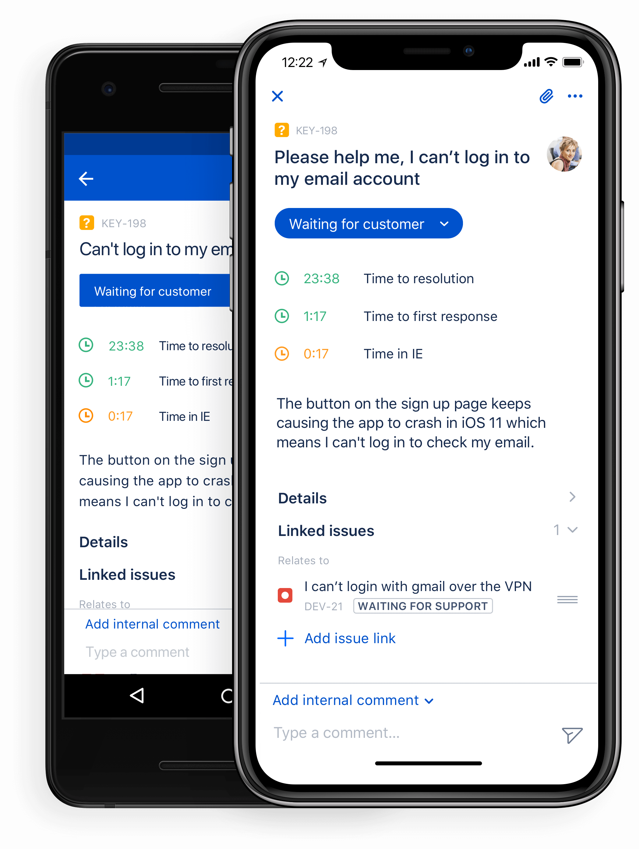 Android および iPhone での Jira Service Management モバイルのスクリーンショット