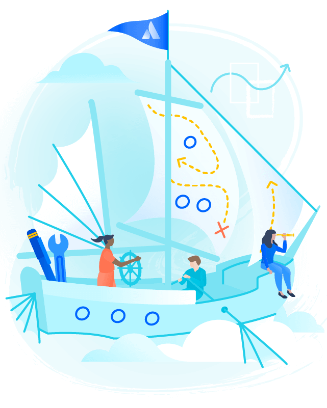 Ilustración de un equipo que colabora para navegar en un barco