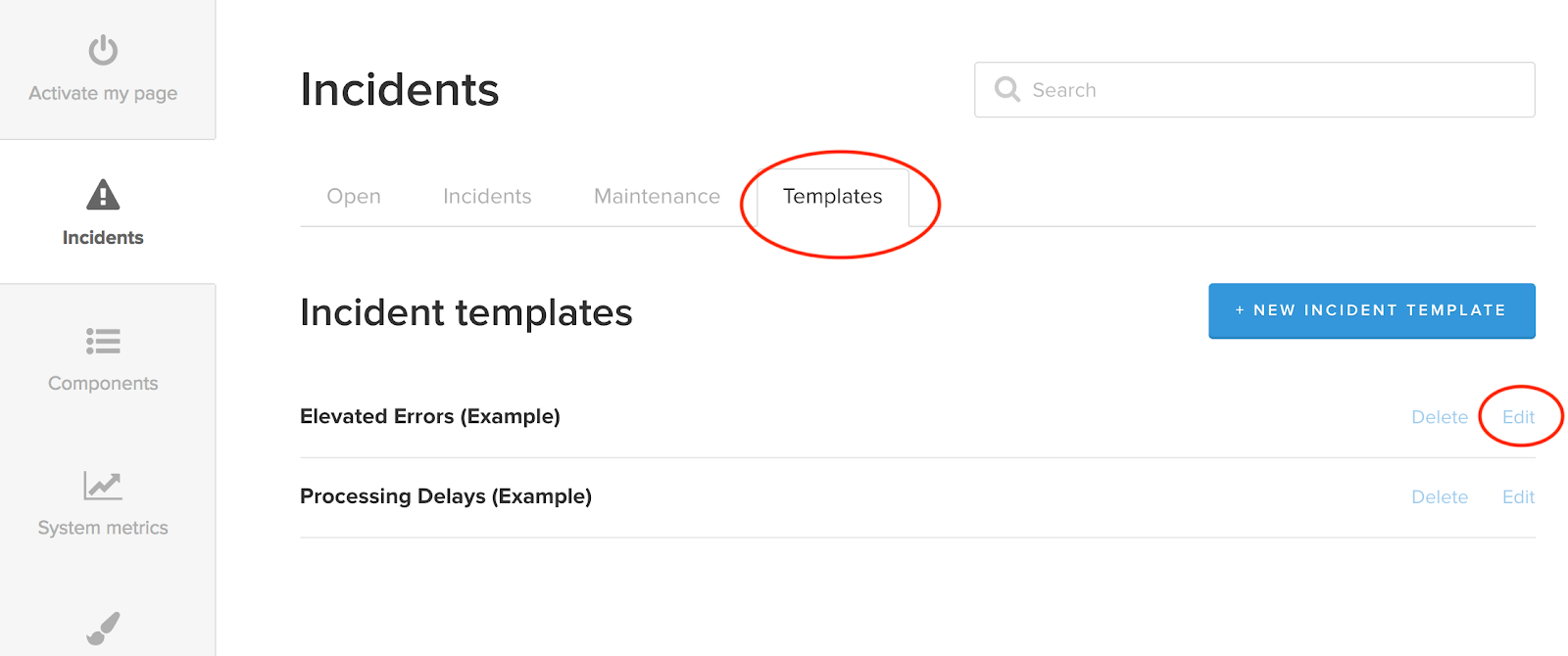 Screenshot highlighting how to edit templates