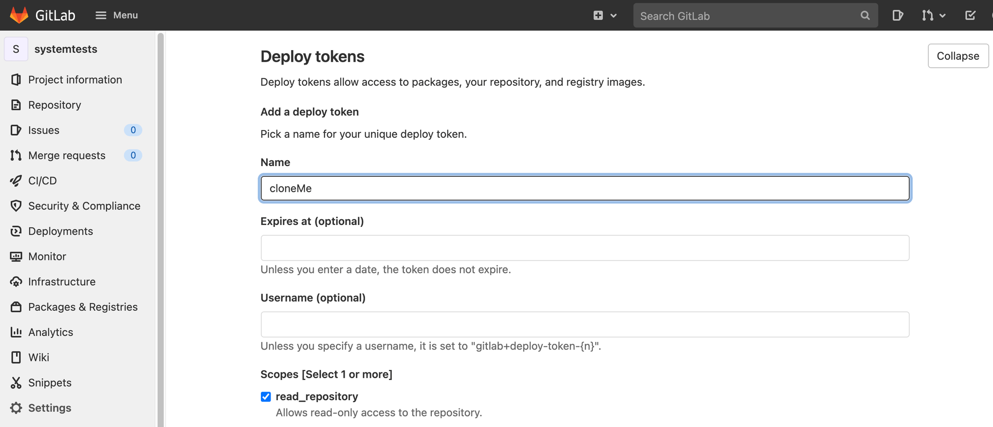 Eingeben des Beispielnamens "cloneMe" bei den Deploy-Token in GitLab