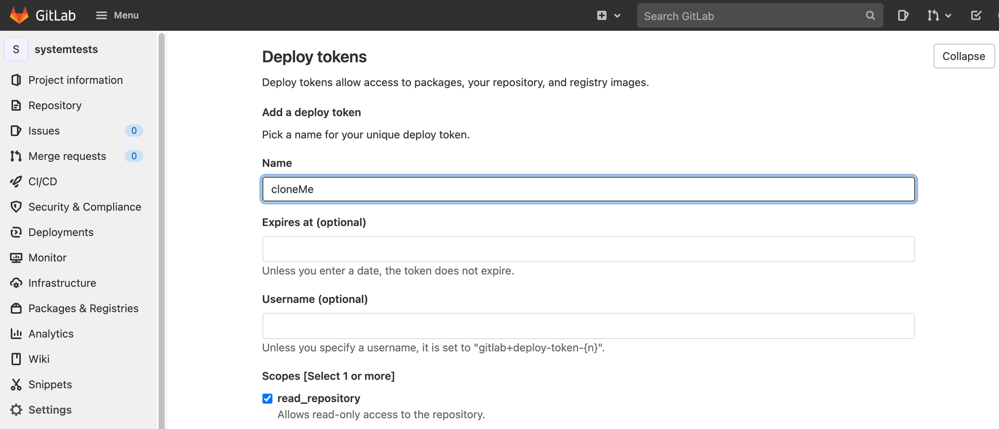 Introducir un nombre de ejemplo "CloneMe" en "Implementar tokens" en GitLab
