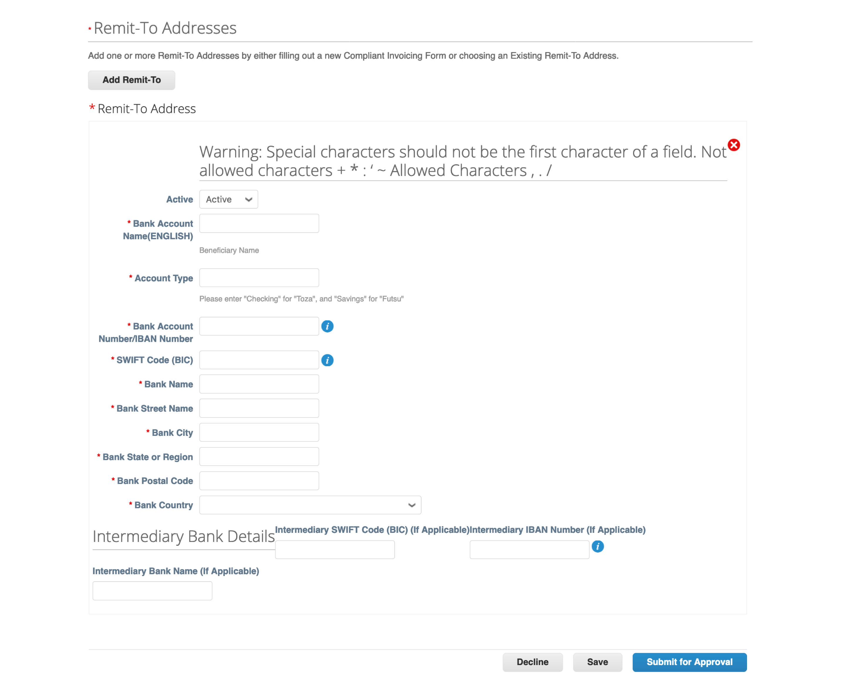 Japan Foreign Remit-To Address forms Coupa Supplier