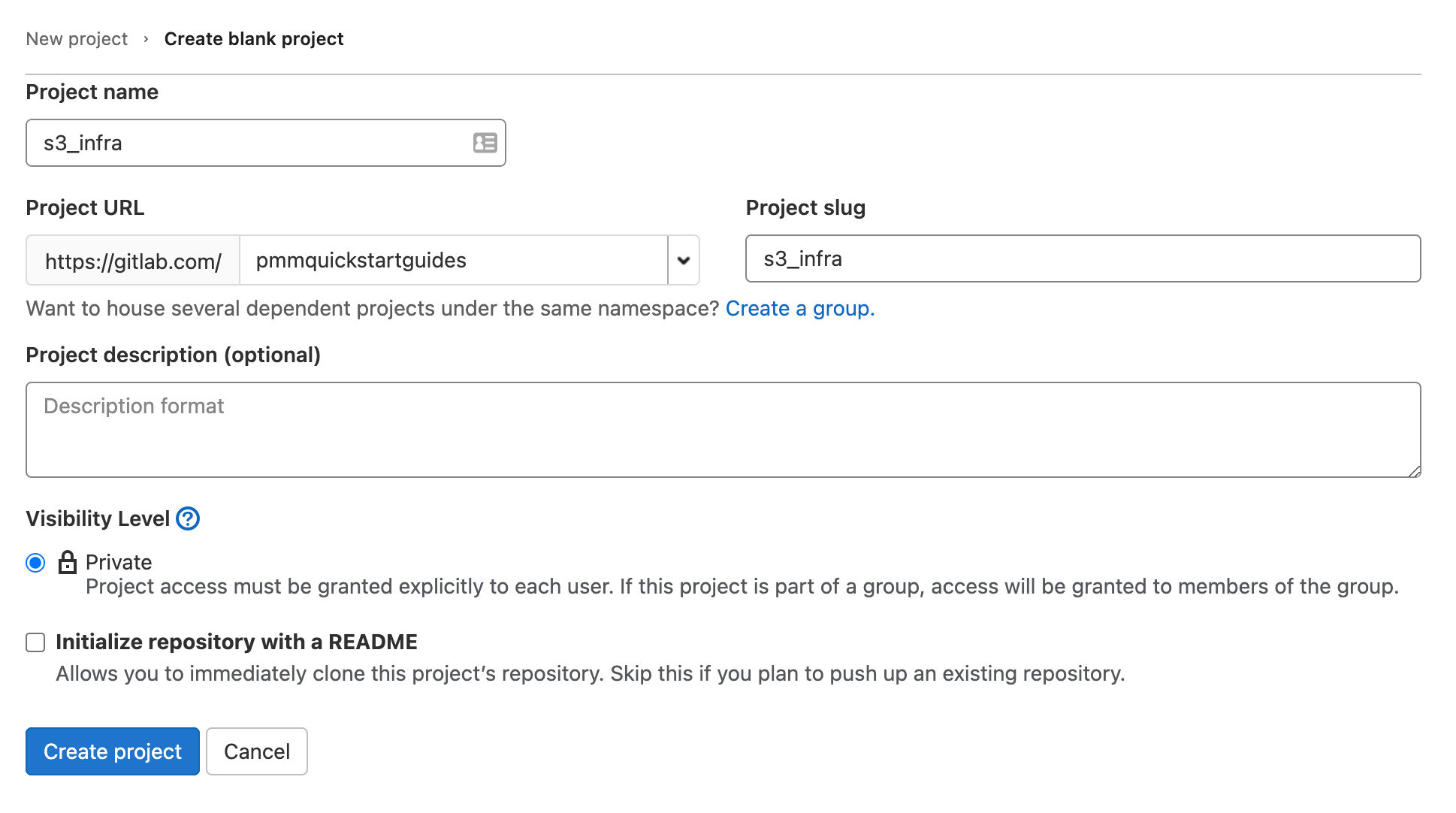 在 Gitlab 中创建新项目 - 详细屏幕