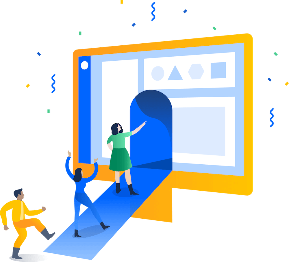 Ilustração de pessoas entrando em um monitor com o Jira exibido na tela