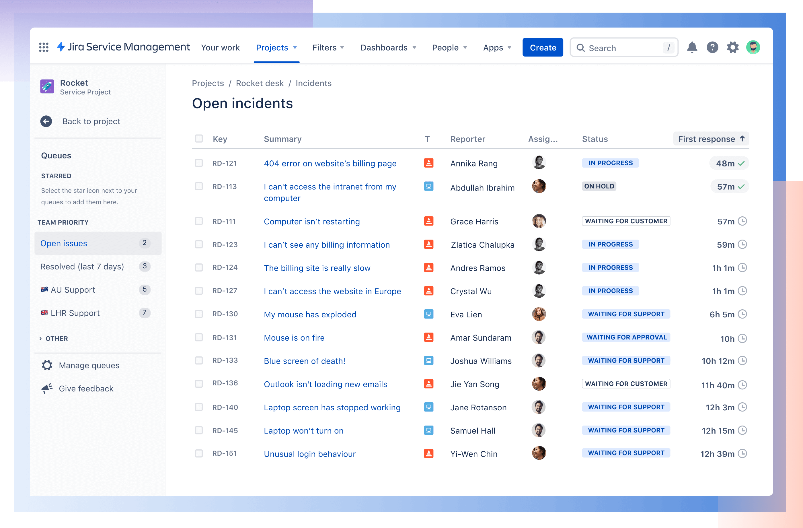 Jira Service Management 中的开放式事件视图，包含来自 Jira 的关联事务