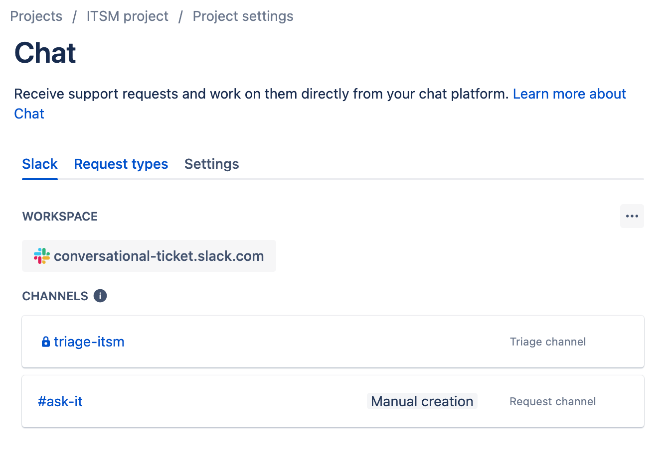 Jira Service Management チャットでの Slack への接続