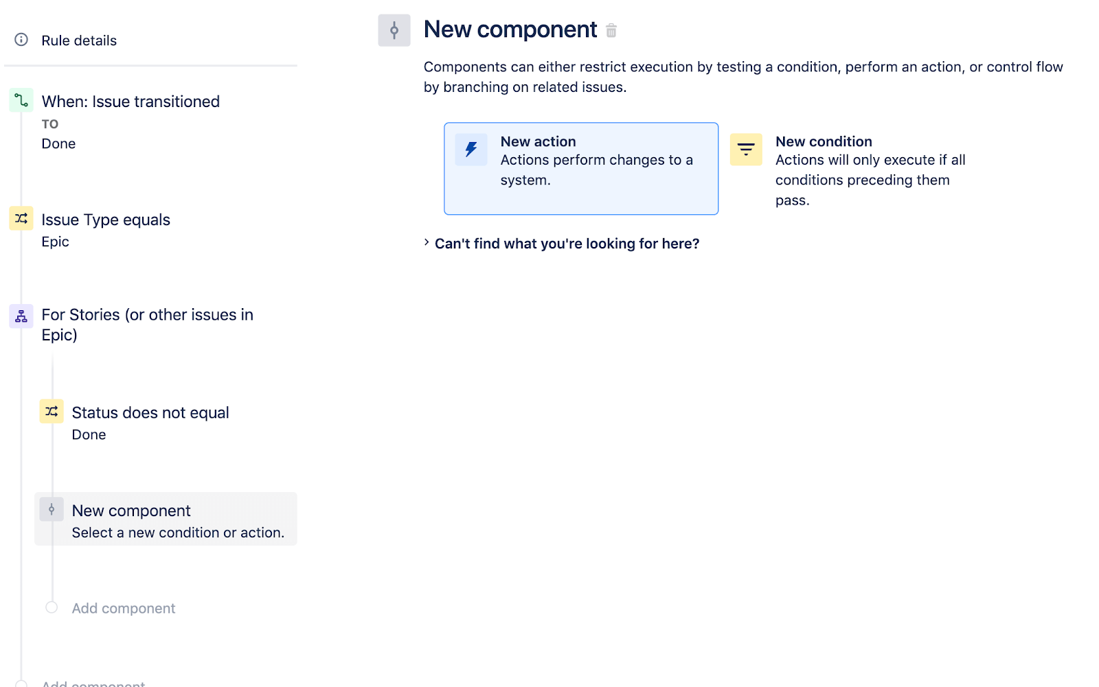 Selecionar nova ação como o novo componente no Jira Software