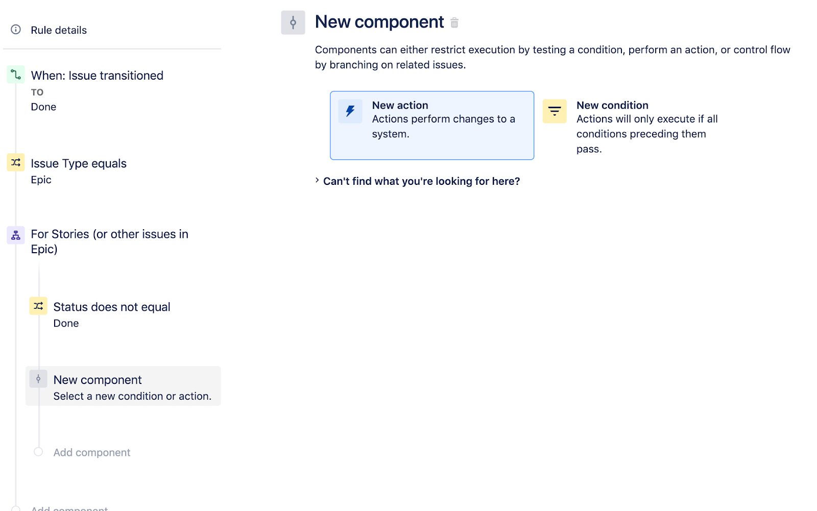 Selecting new action as a new component in Jira Software