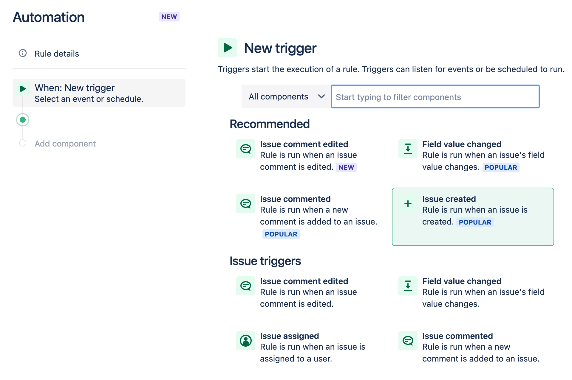 Impostazione dei trigger di automazione in Jira Service Management