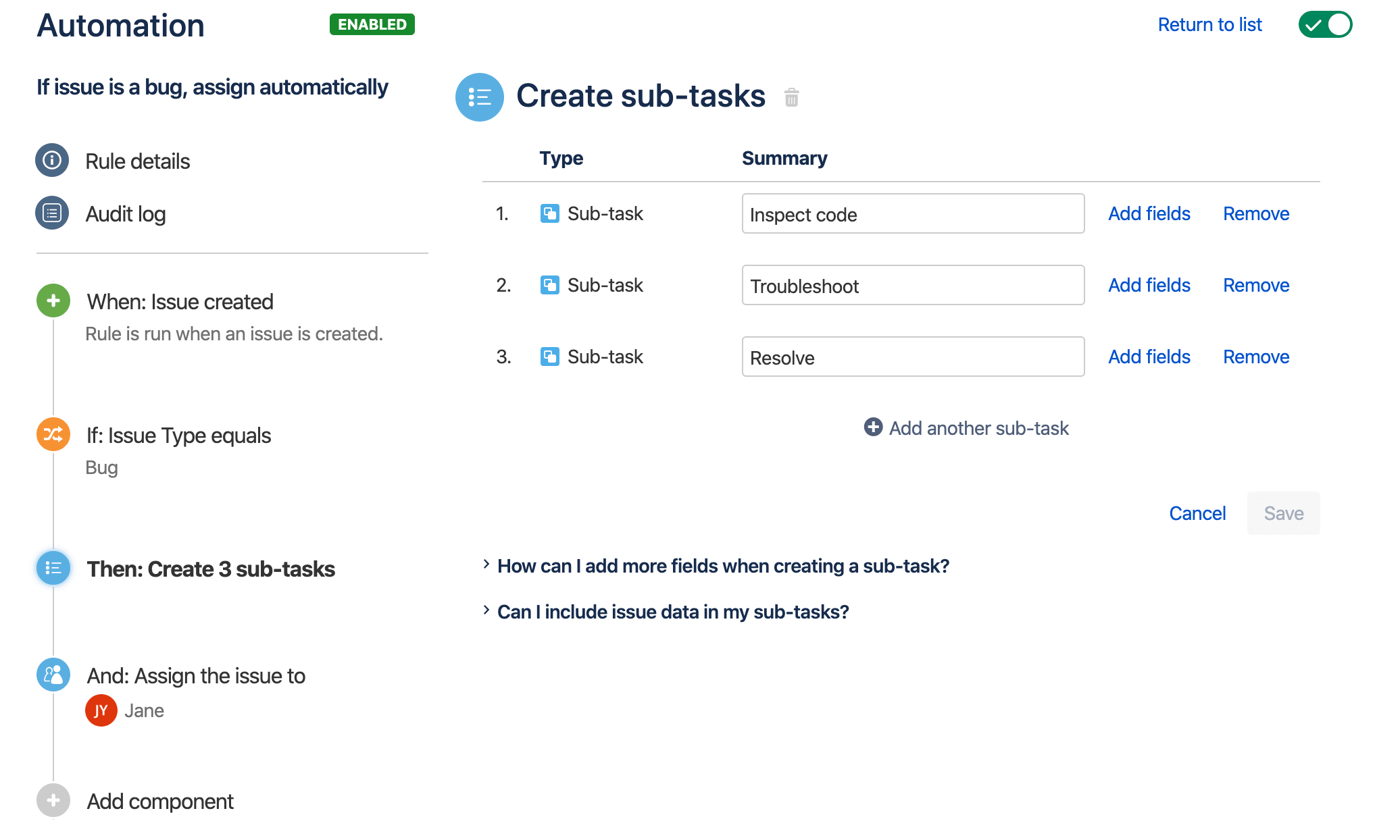 An example of the rule builder, displaying a simple rule to automatically add sub-tasks to any new bugs, and assign them to a user.