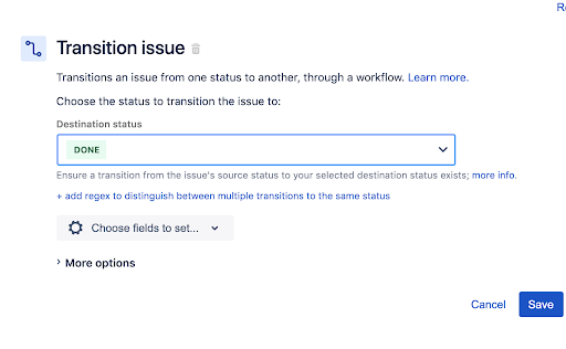 Jira automation rule to transition issues Step 3 Add a Transition Issue action