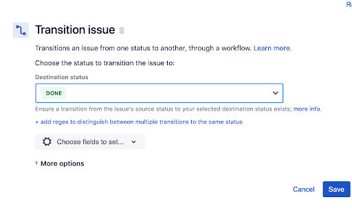 이슈 전환에 대한 Jira Automation 규칙 3단계: 이슈 전환 작업 추가