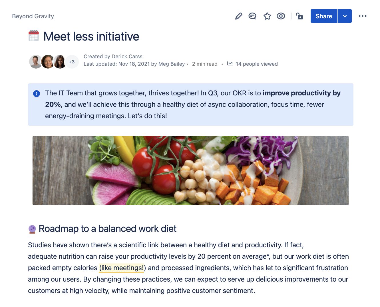 会議を減らすイニシアチブの confluence ページのスクリーンショット