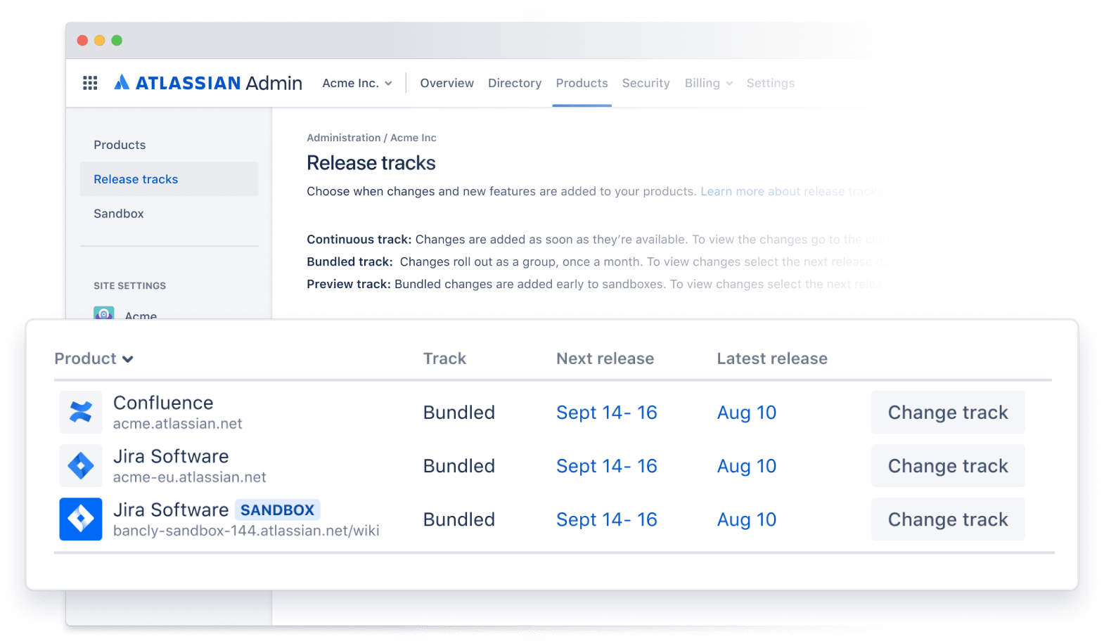 显示 Confluence 和 Jira Software 的沙盒状态的 Atlassian 管理员控制台屏幕截图。