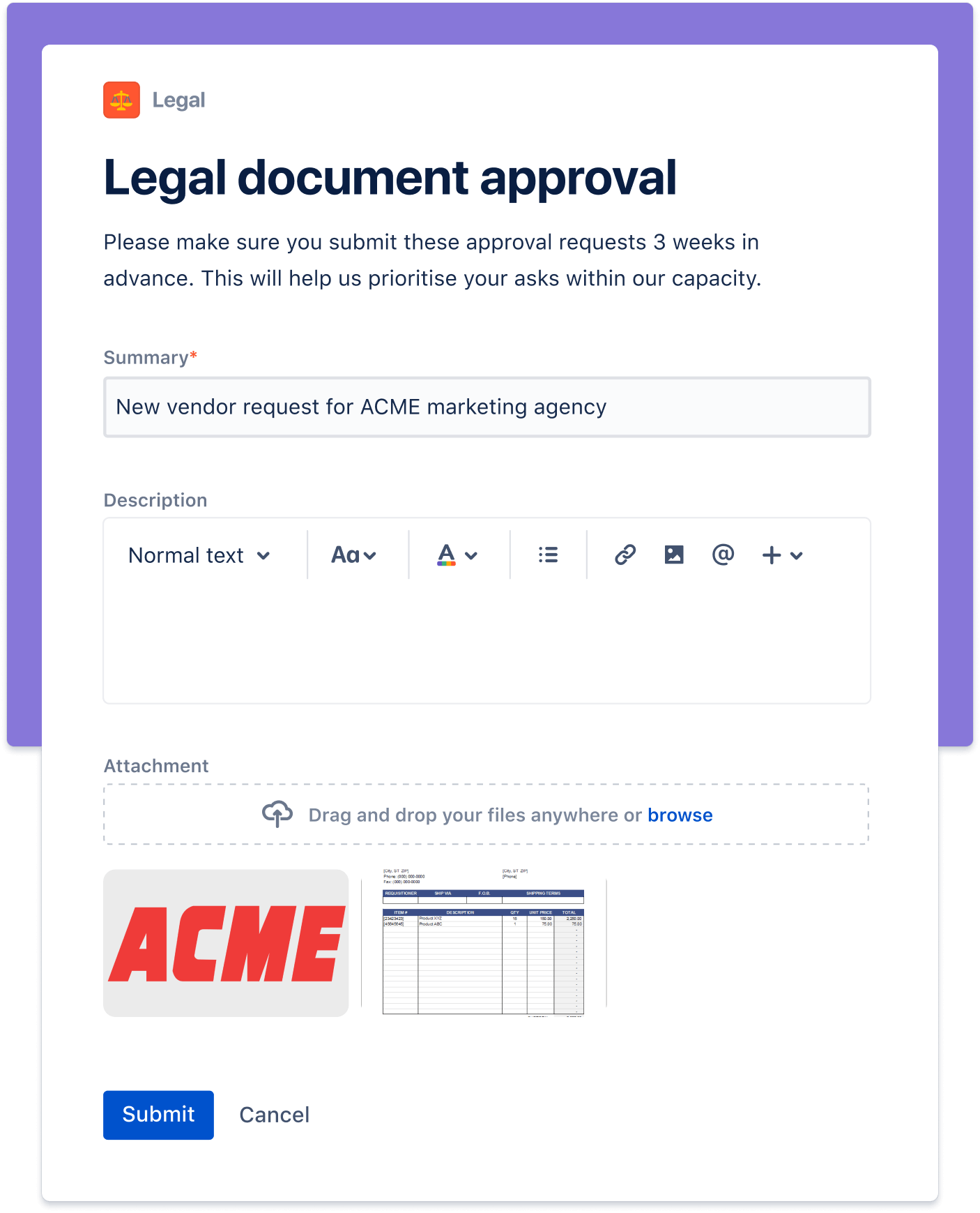 Legal document approval screenshot
