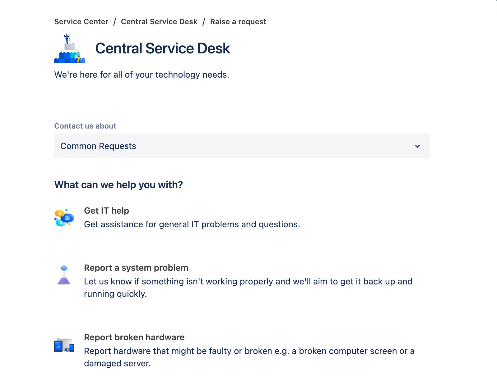 Jira Service Management のサービス ポータルの例