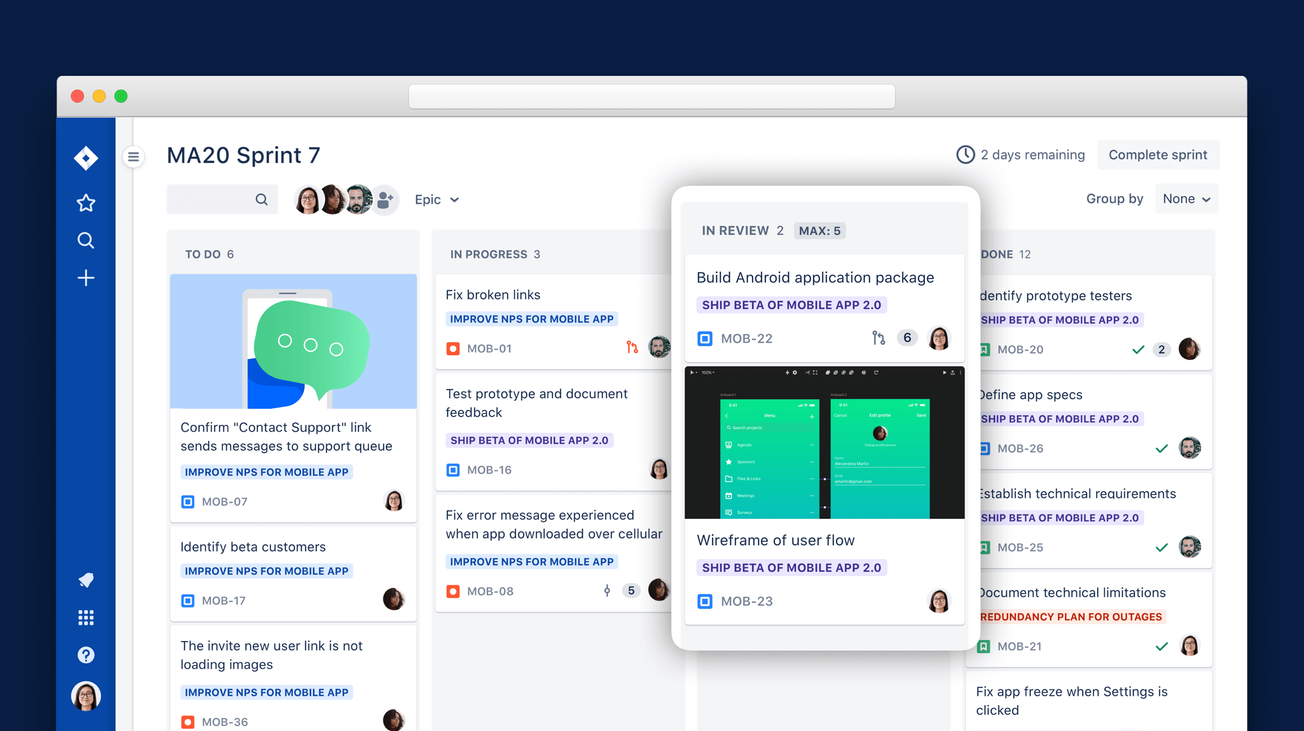 Trello 보드에 표시된 디지털 칸반 카드 | Atlassian 애자일 코치