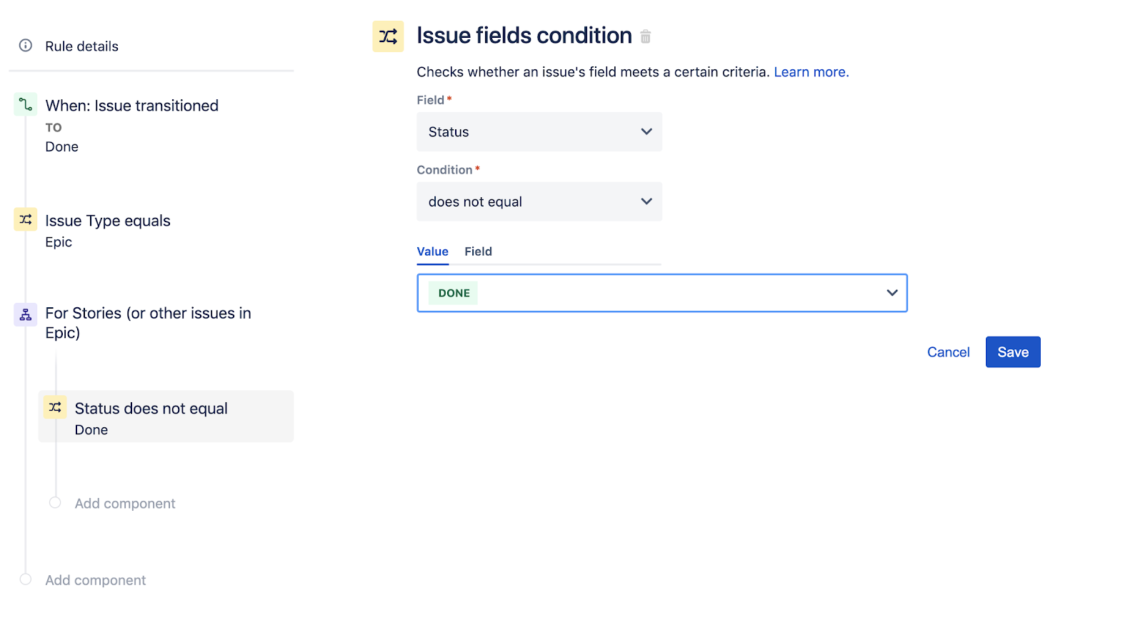 Configuration de la condition Issue fields (Champs de ticket) dans Jira Software