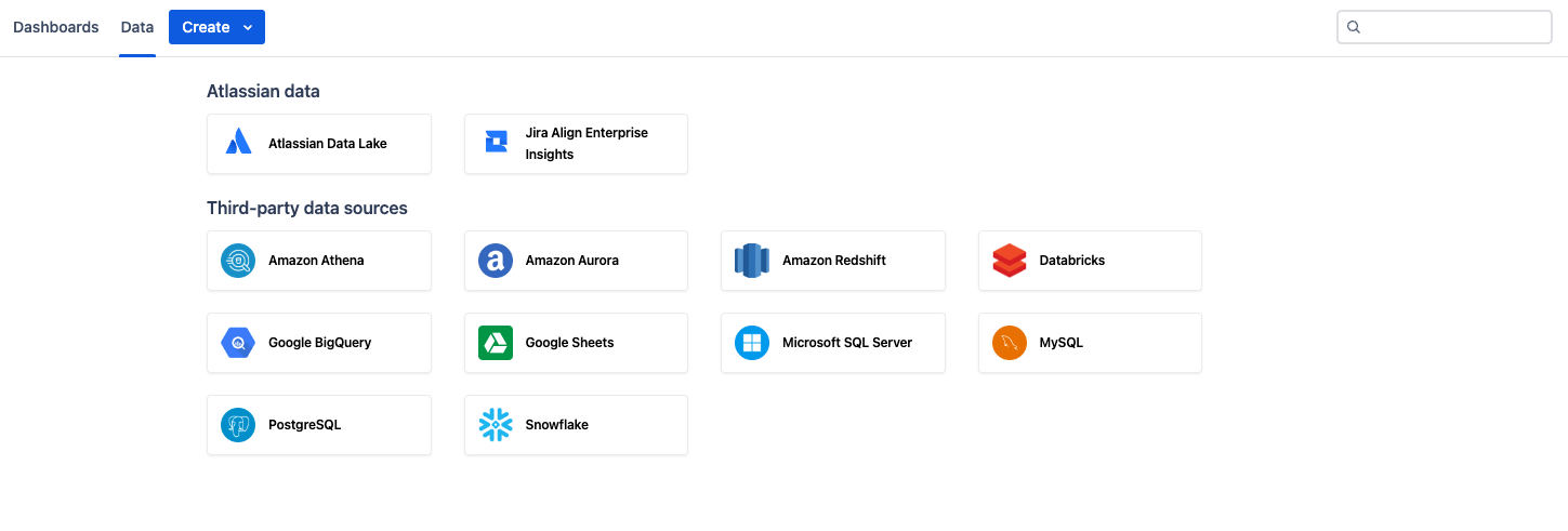 제품 데이터 선택 화면에는 해당하는 Atlassian 제품에서 측정 데이터를 선택하는 방법이 나와 있습니다.