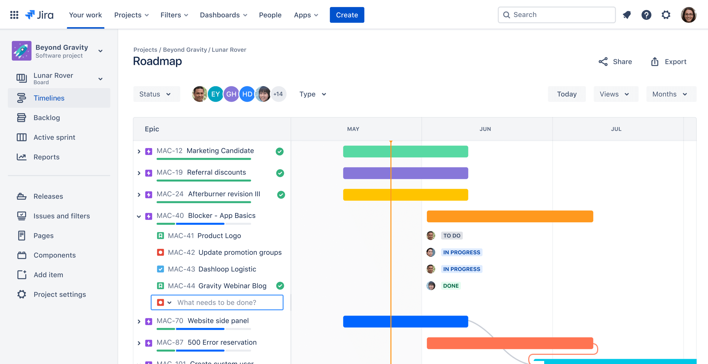 Jira Roadmaps の特定のプロジェクト専用ガント チャートのスクリーンショット | Atlassian アジャイル コーチ