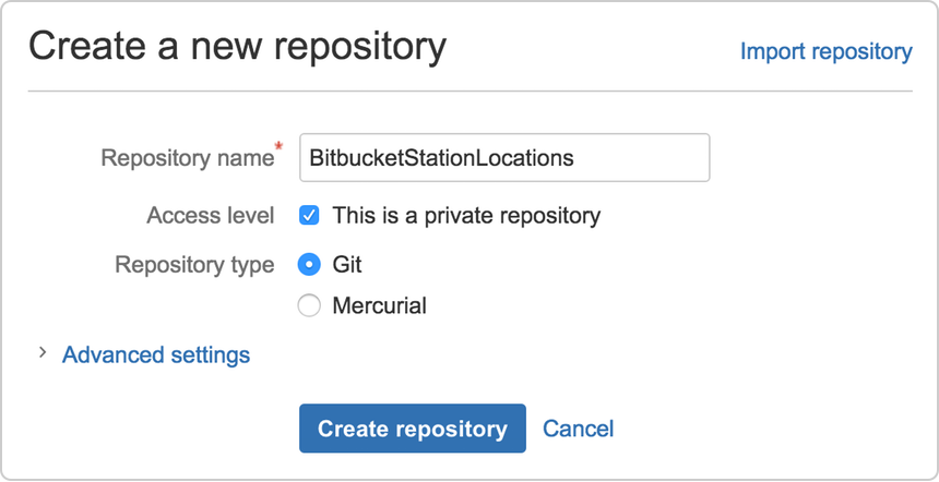 Create a new repository config window in Bitbucket