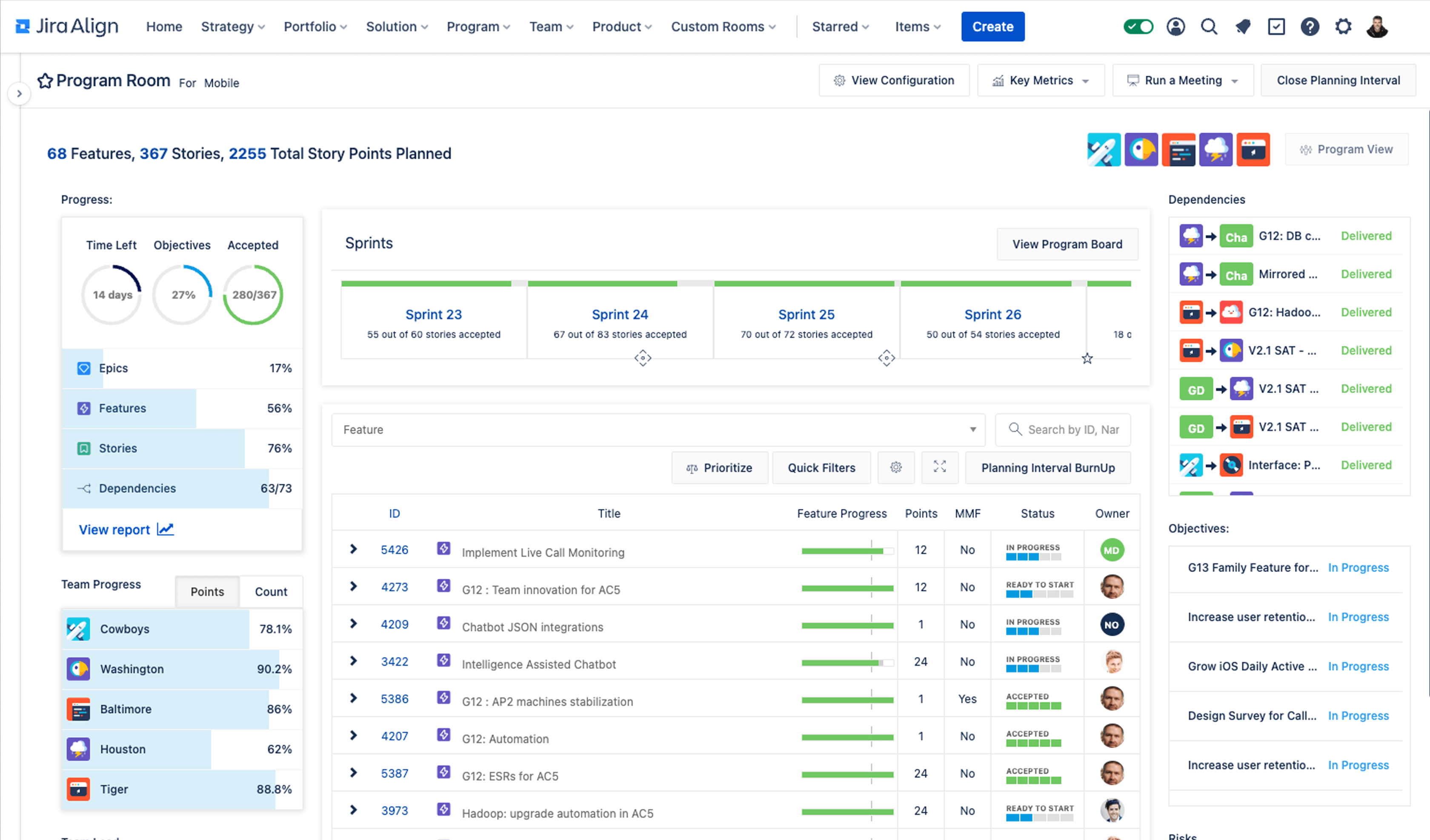 Jira Align 모니터 스크린샷