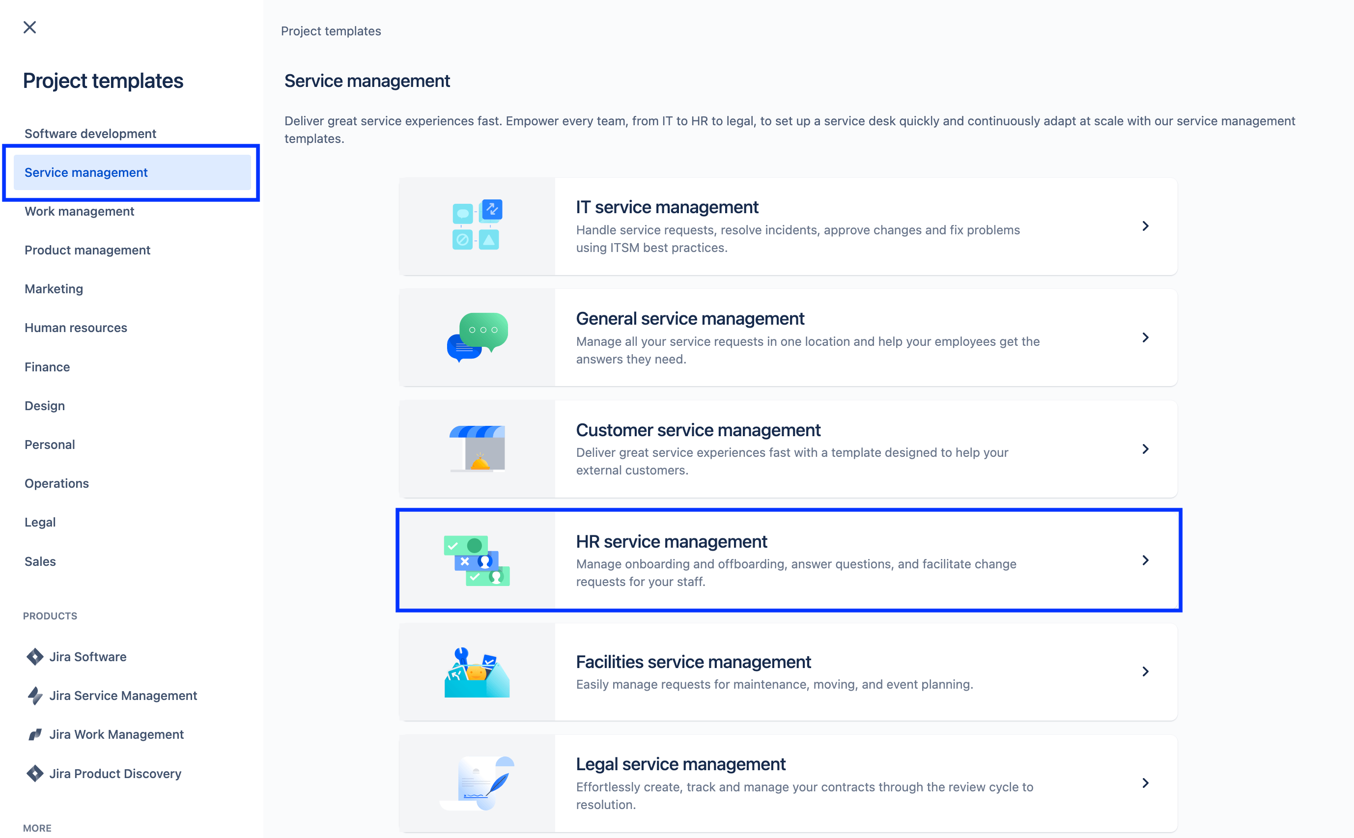 Capture d'écran du modèle de projet de gestion des services RH