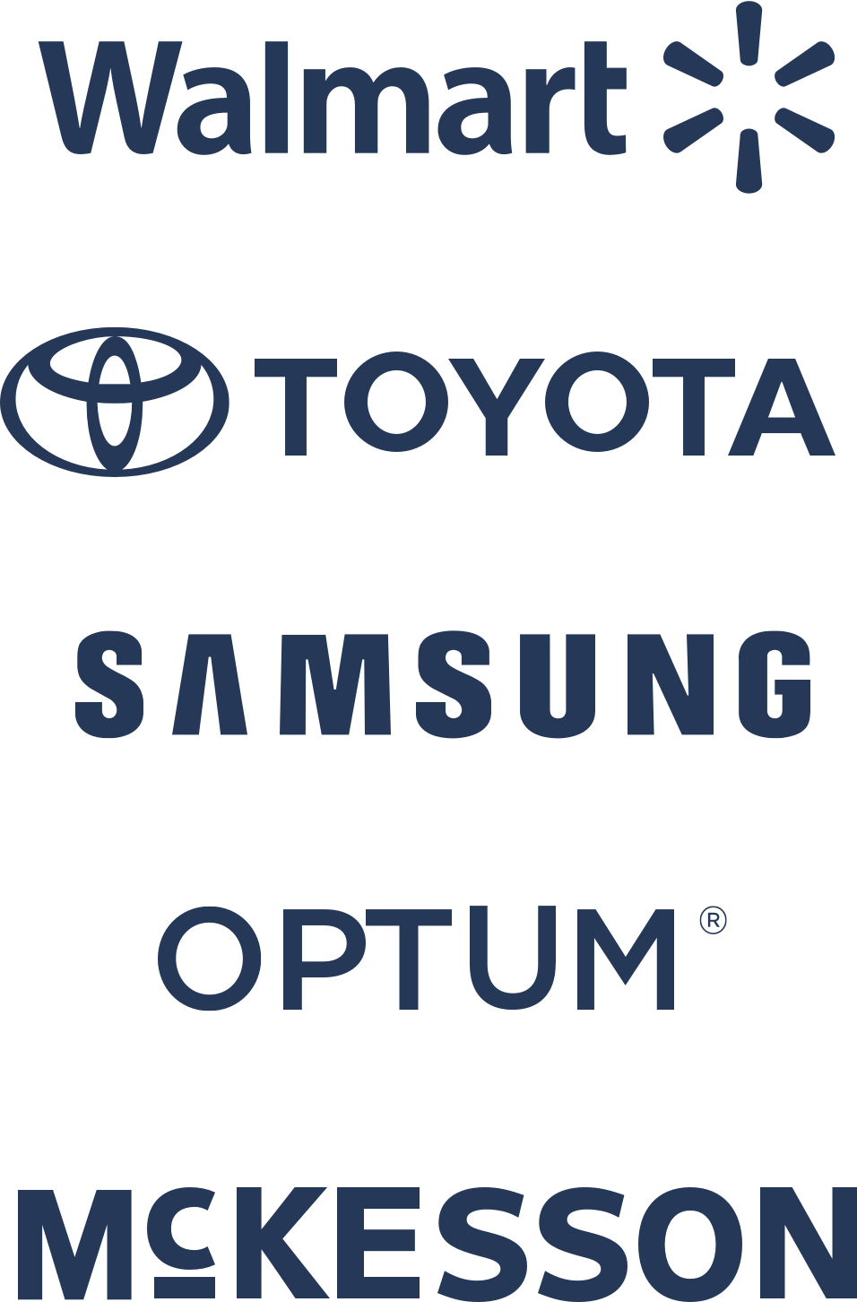Logos: Walmart, Toyota, Samsung, Optum, McKesson