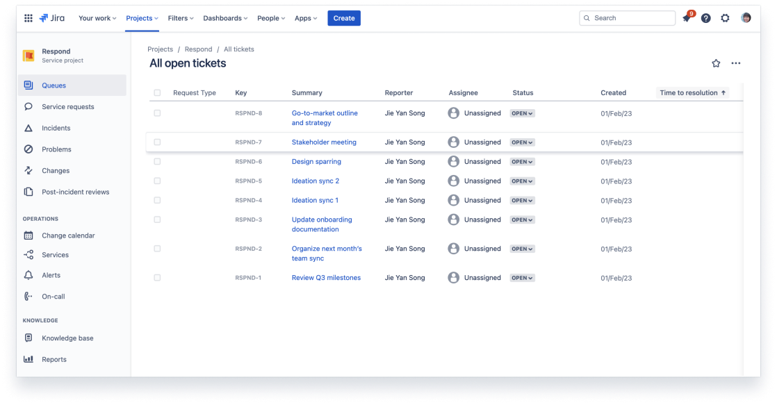 Jira Work Management のキューに入っているすべてのオープン チケット