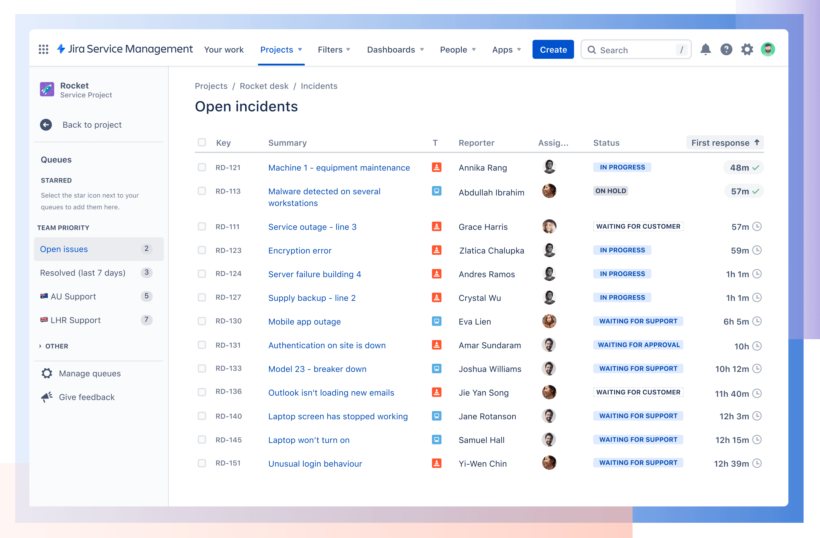 Jira Service Management manufacturing incidents portal