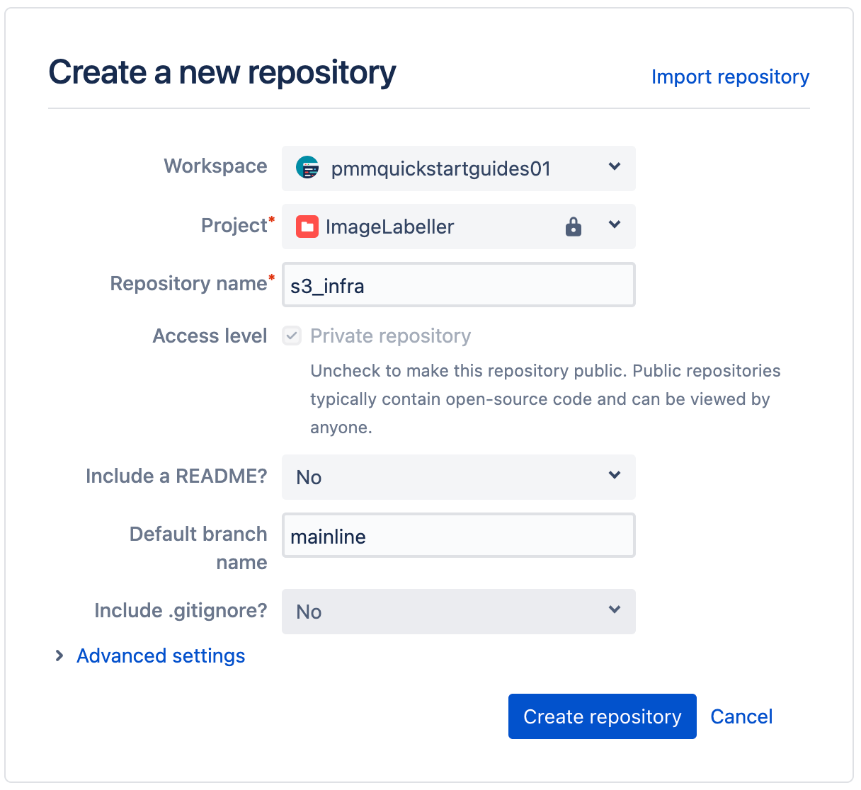 Finestra pop-up per la creazione di un nuovo repository in Bitbucket
