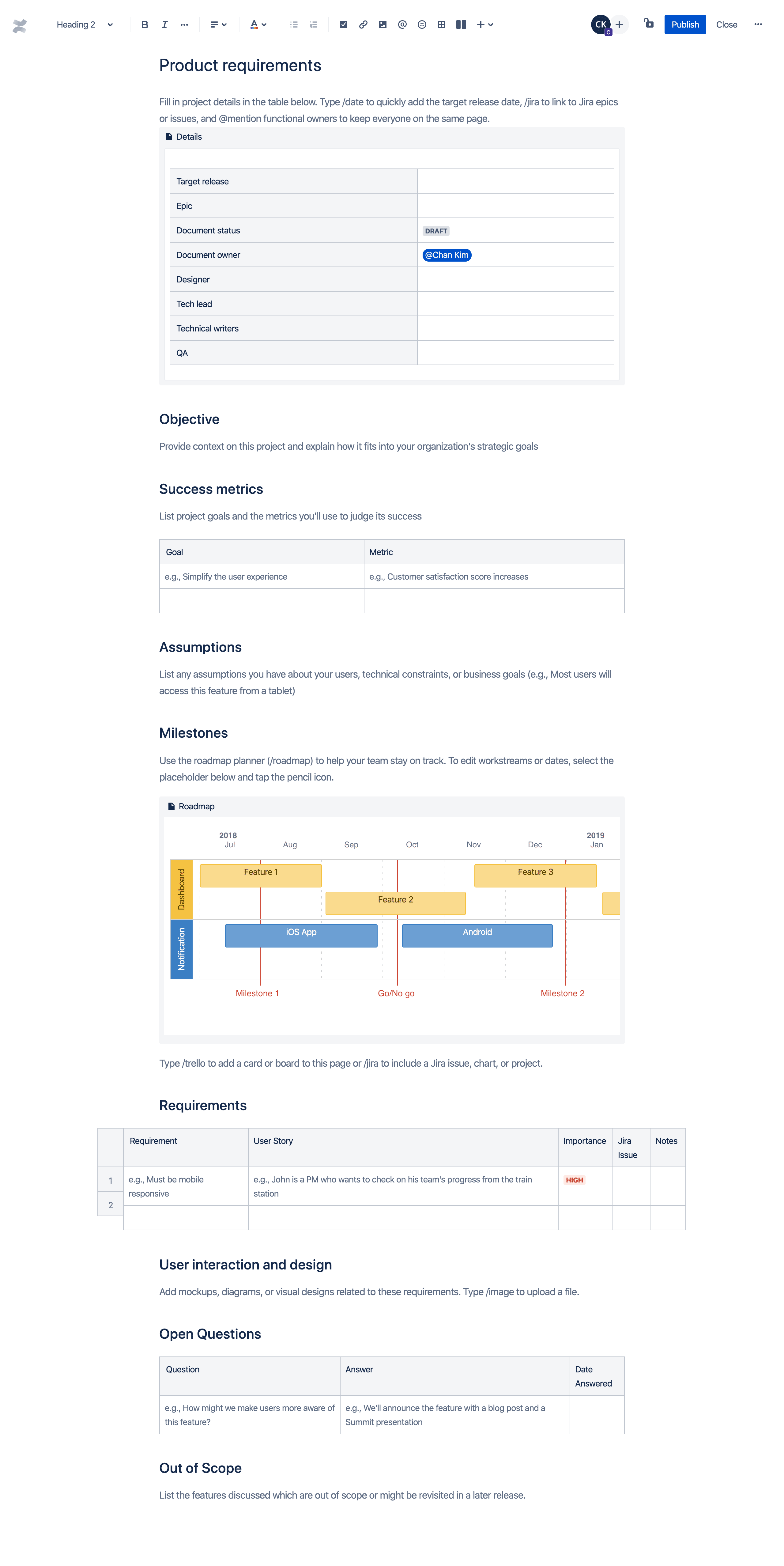 Confluence's template for product requirements