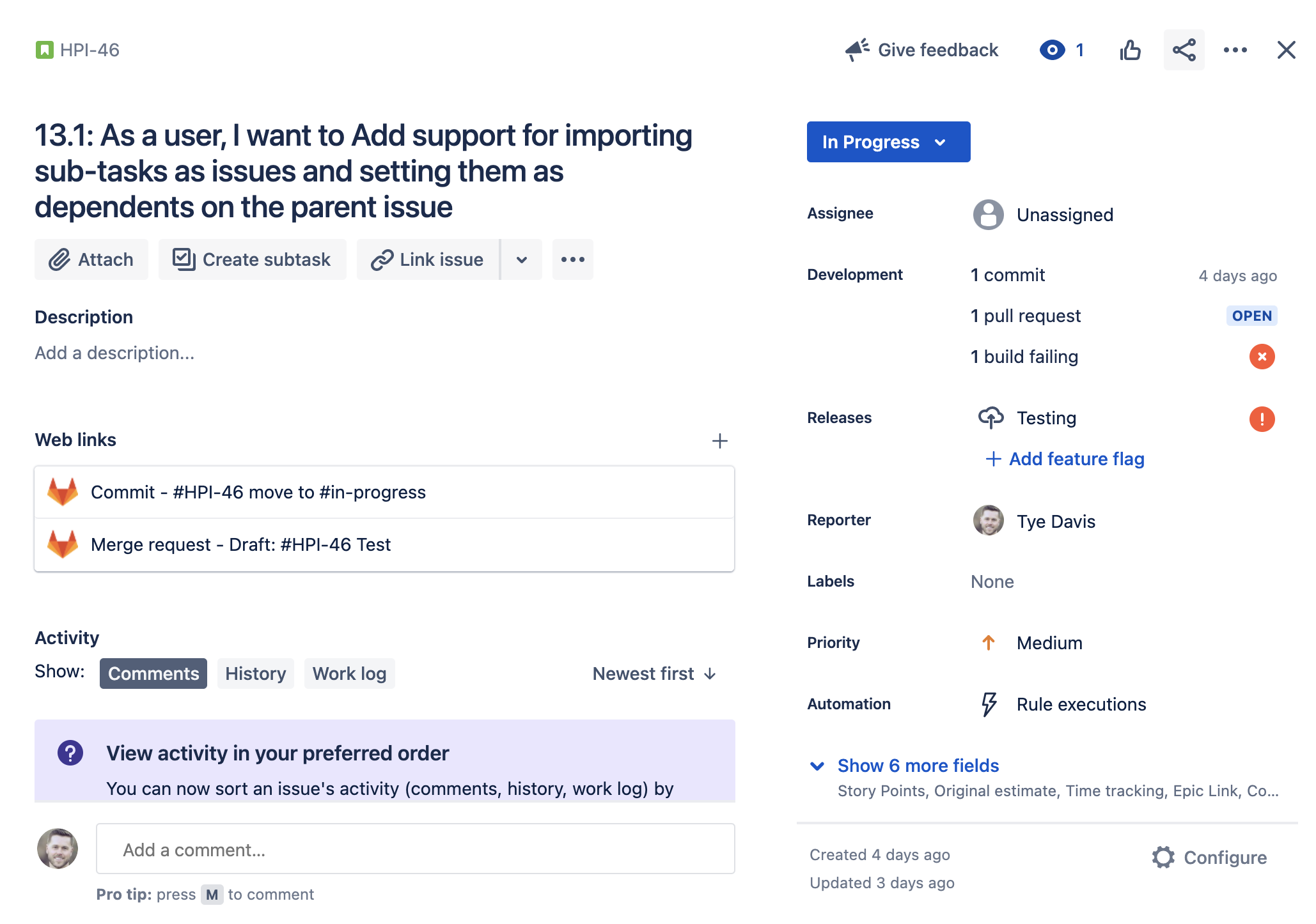 View development information within the Jira development panel