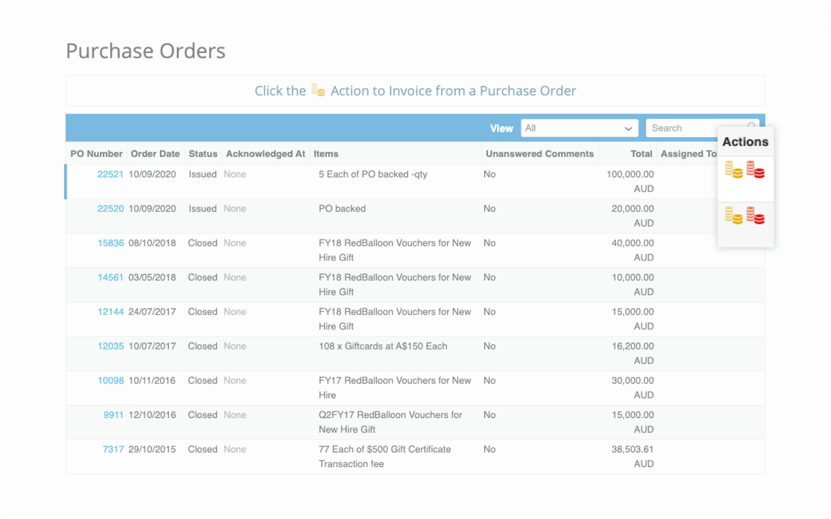 Supplier needs to go to Orders tab and search for the PO to be used. Click the yellow coins to start creating an invoice