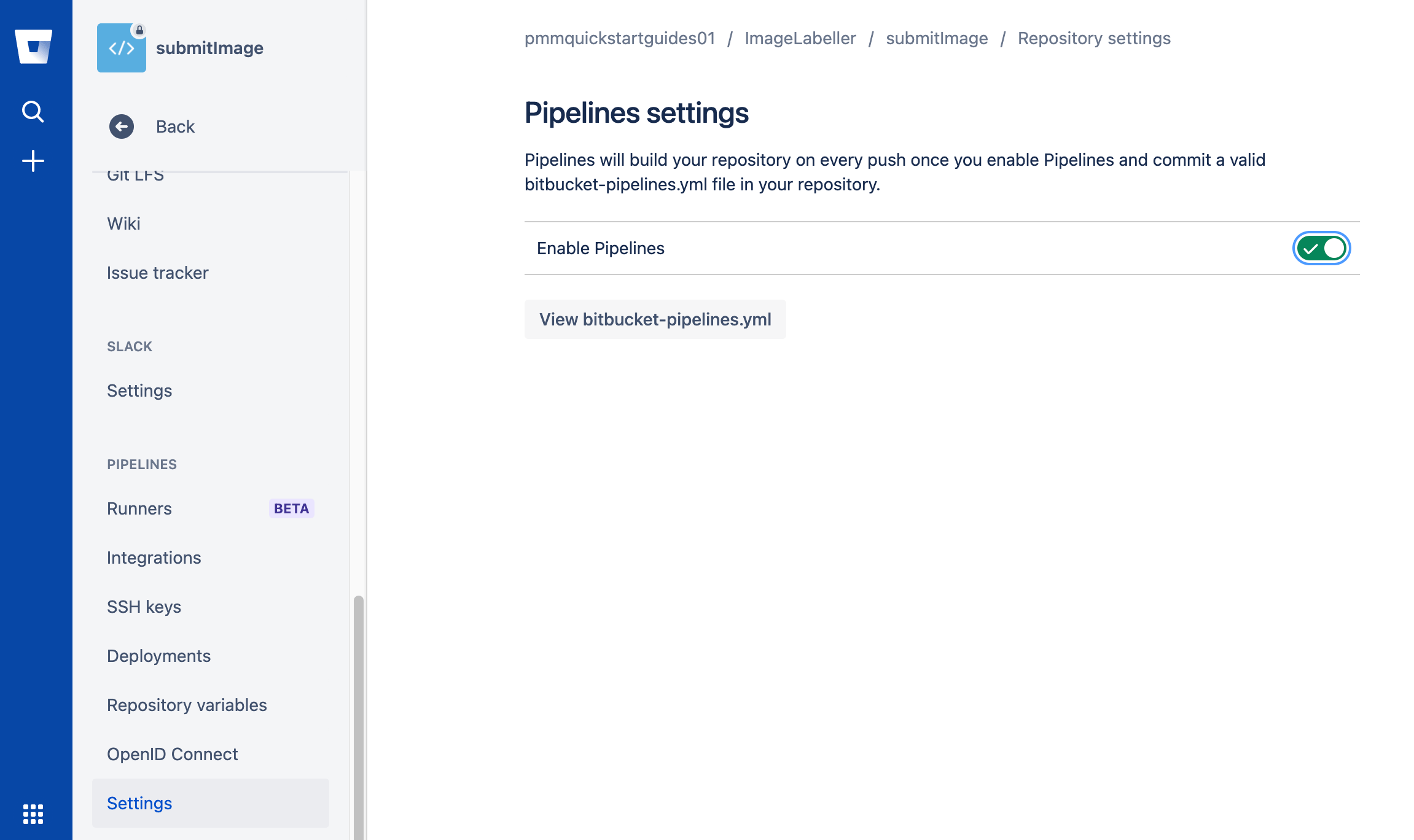 Activation de pipelines dans les paramètres des pipelines de Bitbucket