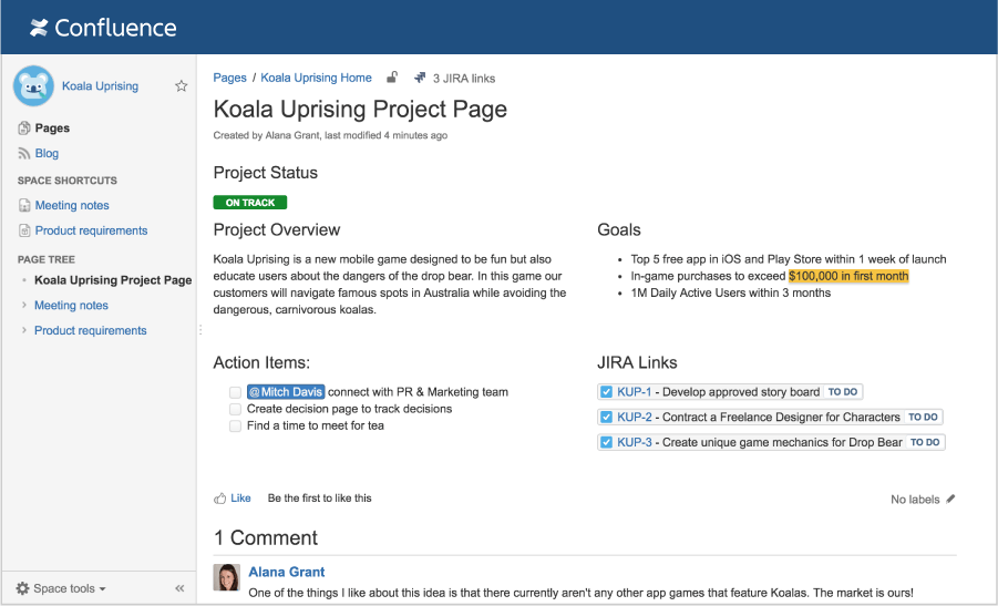 Capture d'écran Confluence