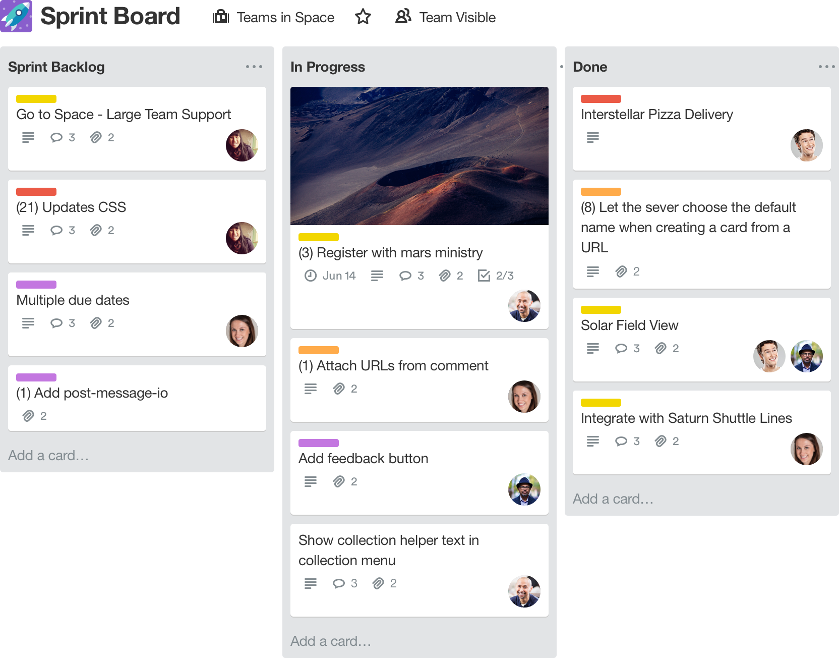 Trello showing Teams in Space sprint board