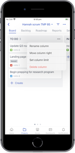 列のオプション (iOS での表示例)