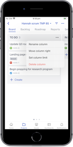 Column options (example shown on iOS)