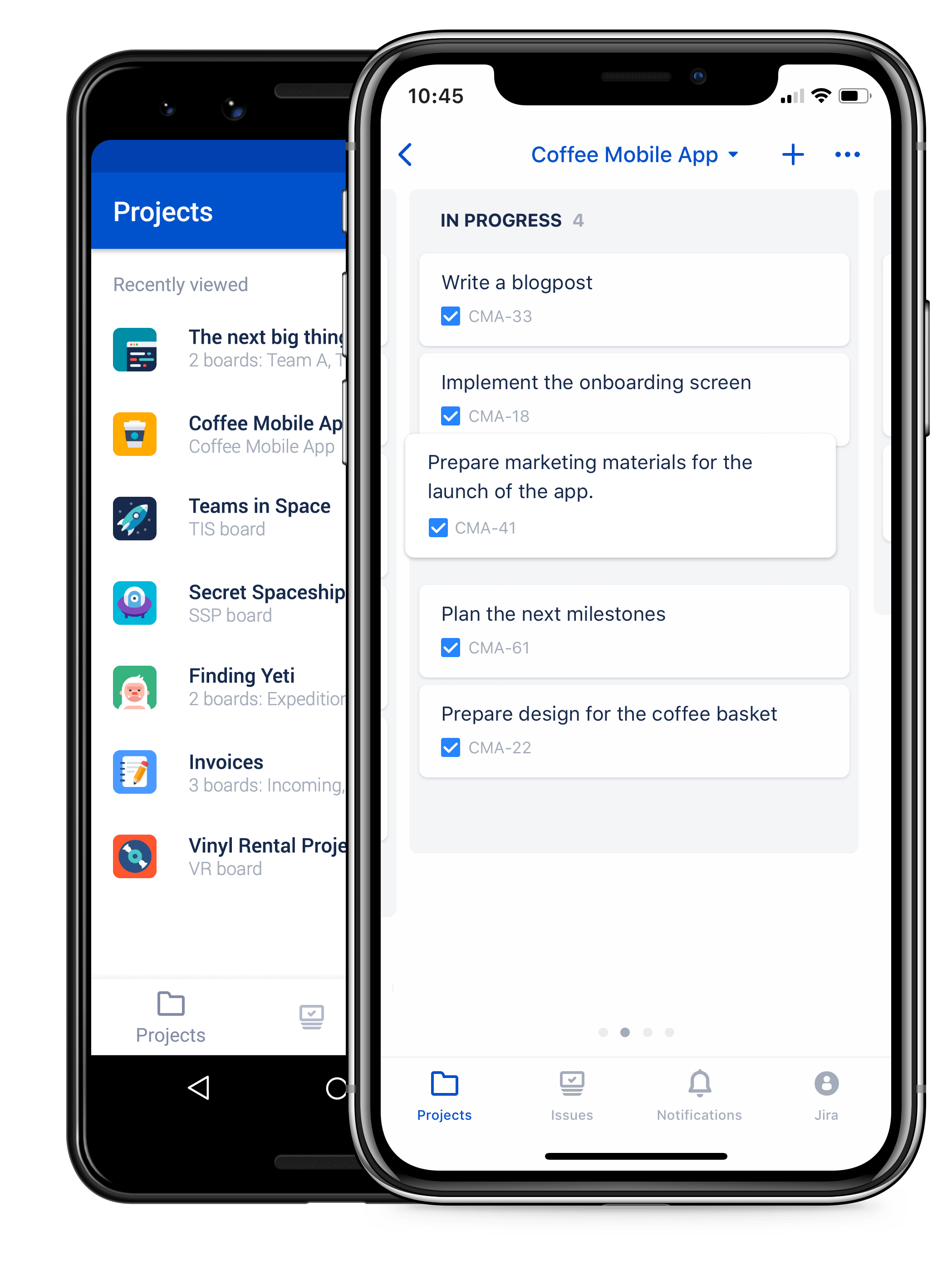 Screenshot del prodotto Jira Server Mobile su un dispositivo mobile con una lista di progetti