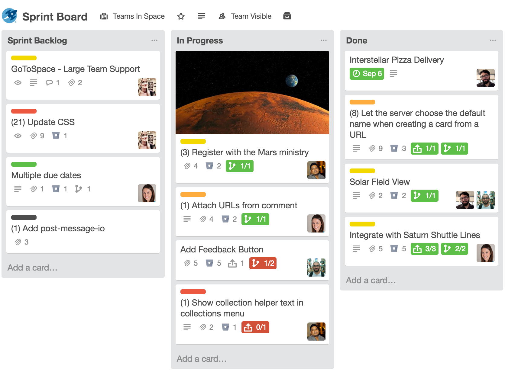 Screenshot: Trello-Board mit Bitbucket-Integration