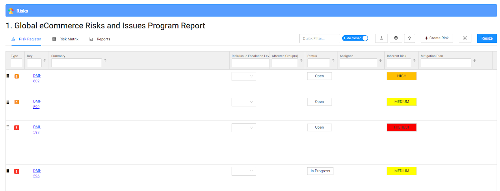 Jira 및 Confluence용 위험 기록부를 사용한 위험 및 이슈 기록부(사진 있음)와 블로커 확인을 위한 종속성(사진 없음)