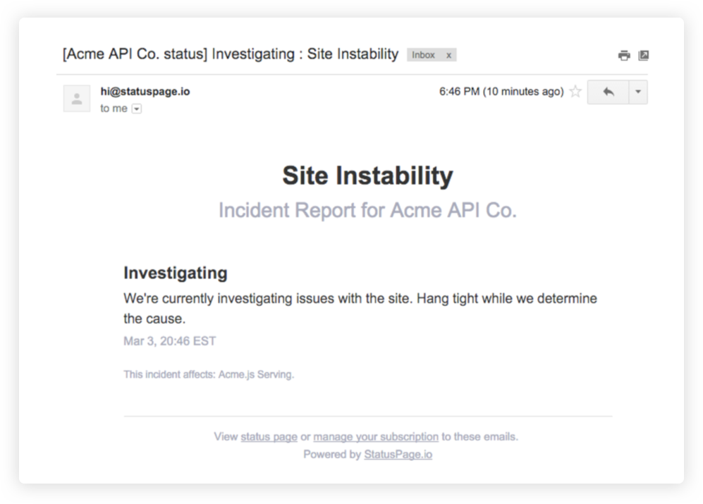Screenshot di e-mail di notifica