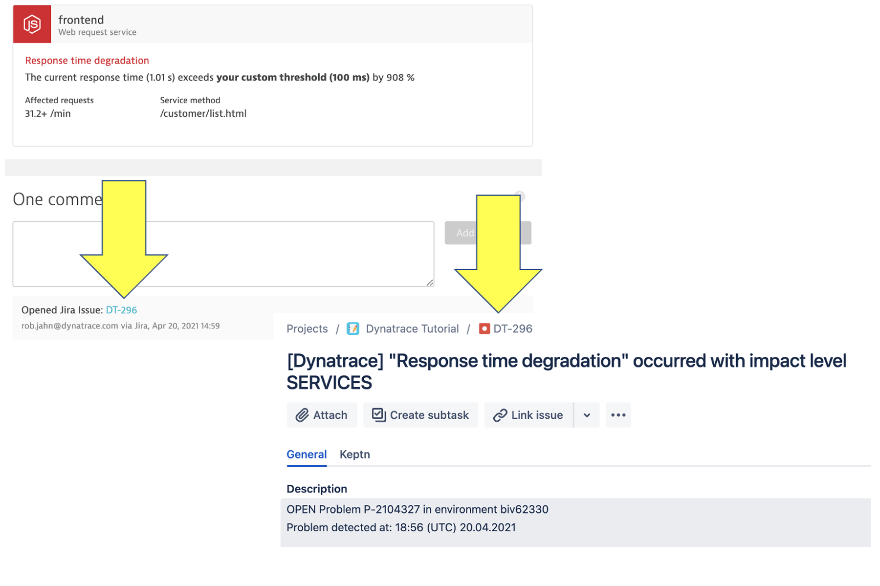 In der Problemkarte nach unten zum Kommentar scrollen