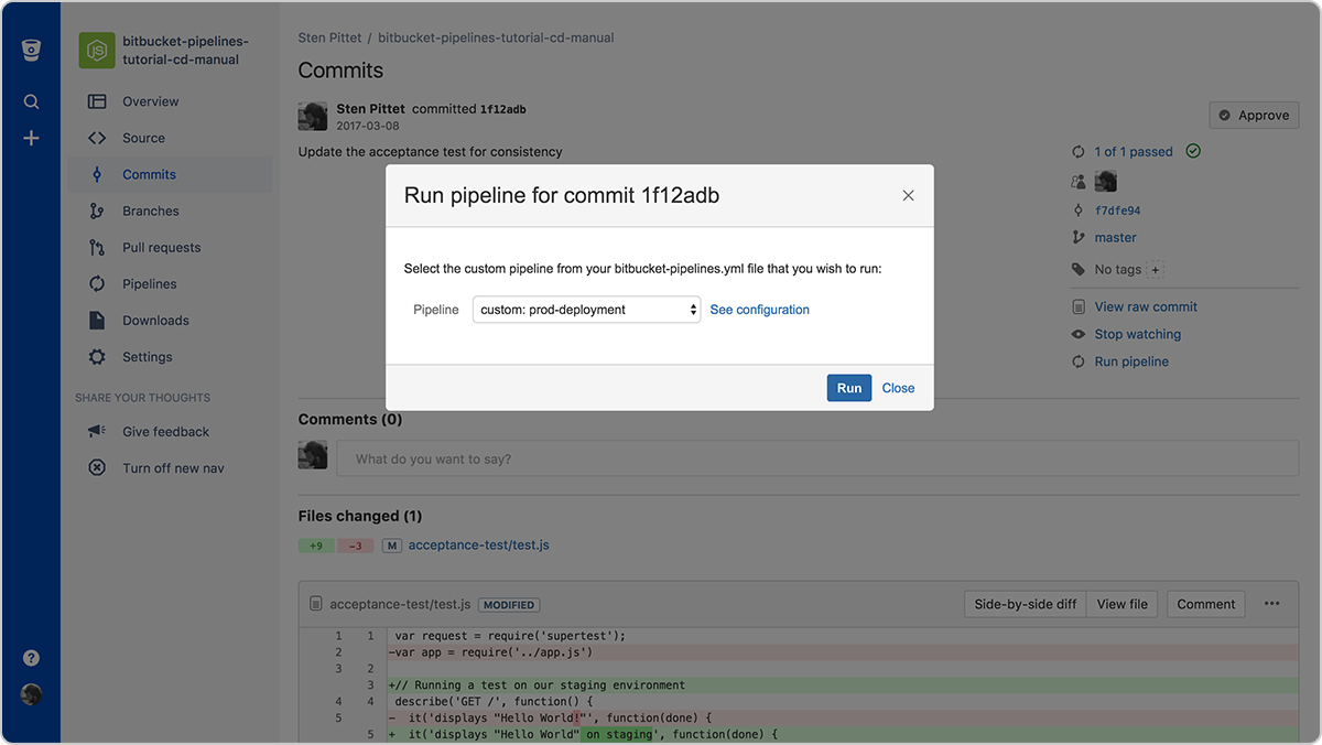 Selezione ed esecuzione di una pipeline da Bitbucket