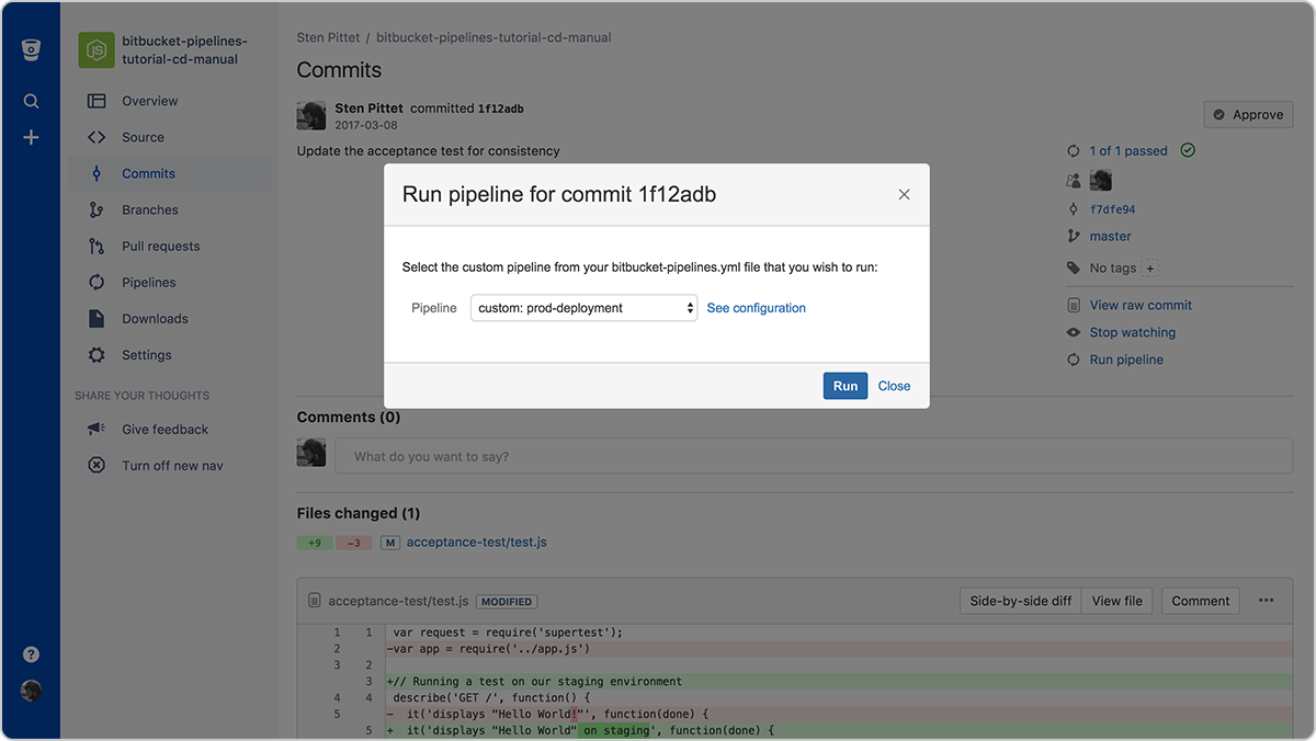 Selecting and running pipeline from Bitbucket