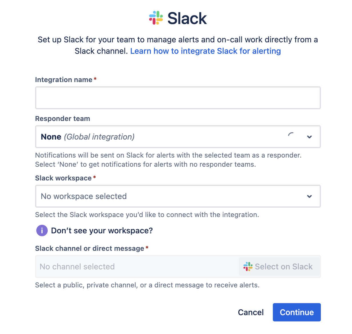 Campi del modulo per le integrazioni Slack