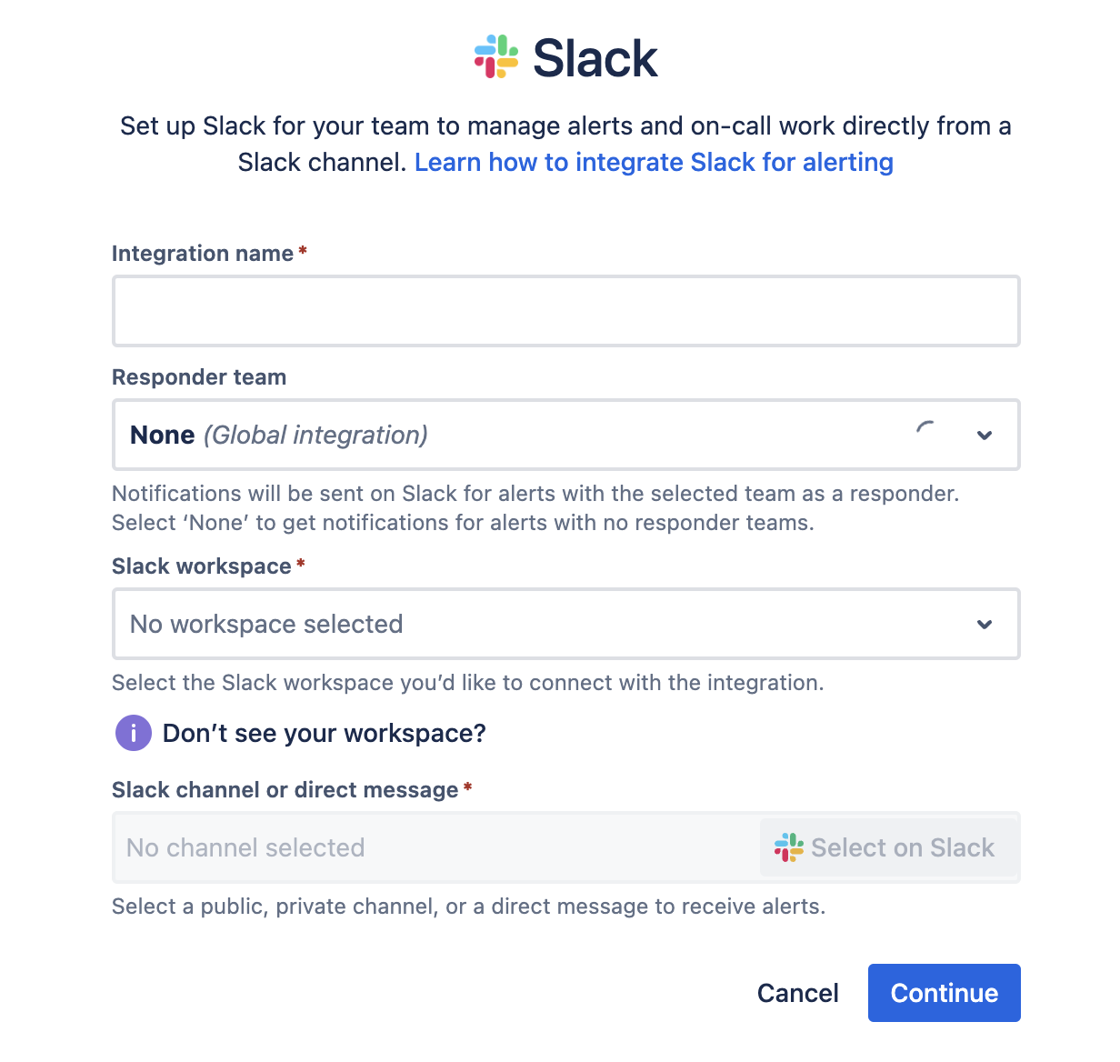 Campos do formulário de integrações do Slack